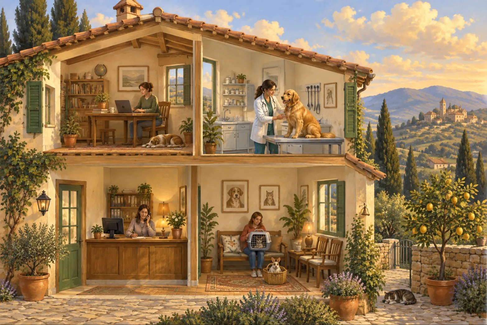 A painted veterinary clinic: a vet in a white coat examines a golden retriever on the table, with hills and a village beyond the window.